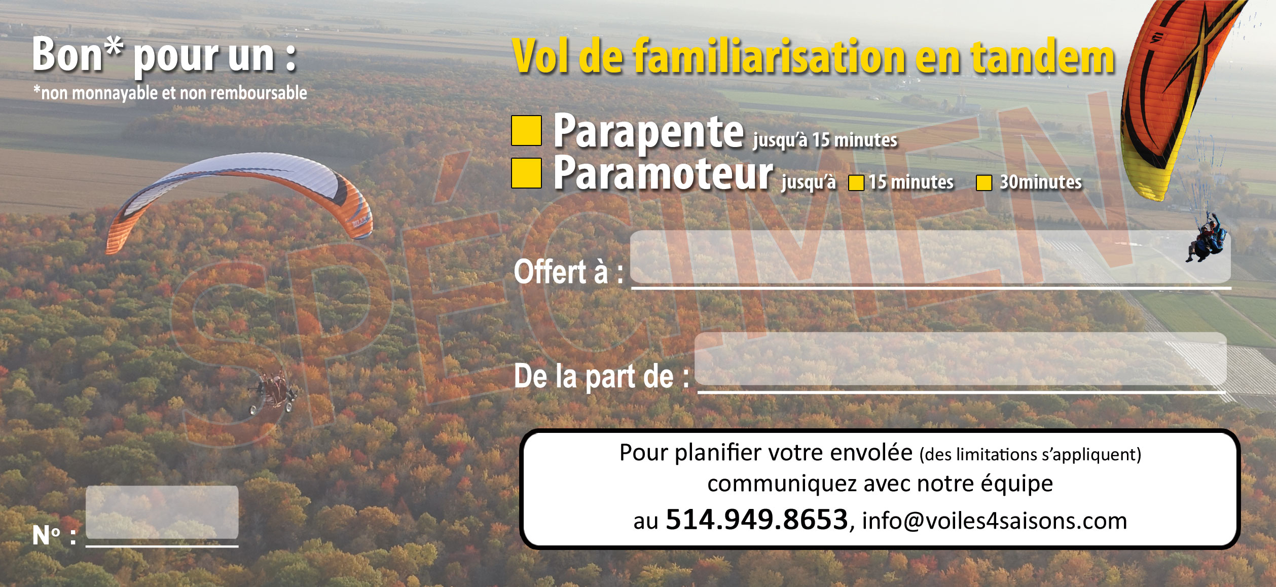Certifcat cadeau pour un vol en parapente tandem ou 2h de cours de cerf-volant de traction